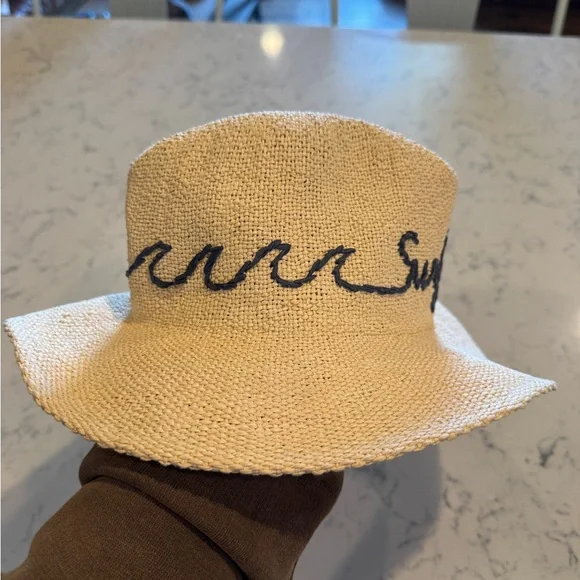 “Surf’s Up” Woven Straw Sun Hat with Navy Script - Picture 2 of 5